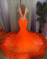 Gorgeous Orange Mermaid Tassel V-Neck Lace Prom Dress With Long Sleeves